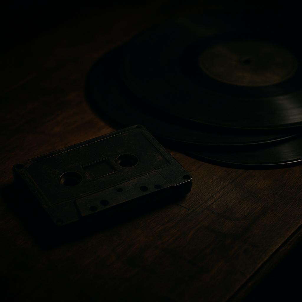 A tape cassette next to three vinyl records on a dark wooden surface. There is a dark background.