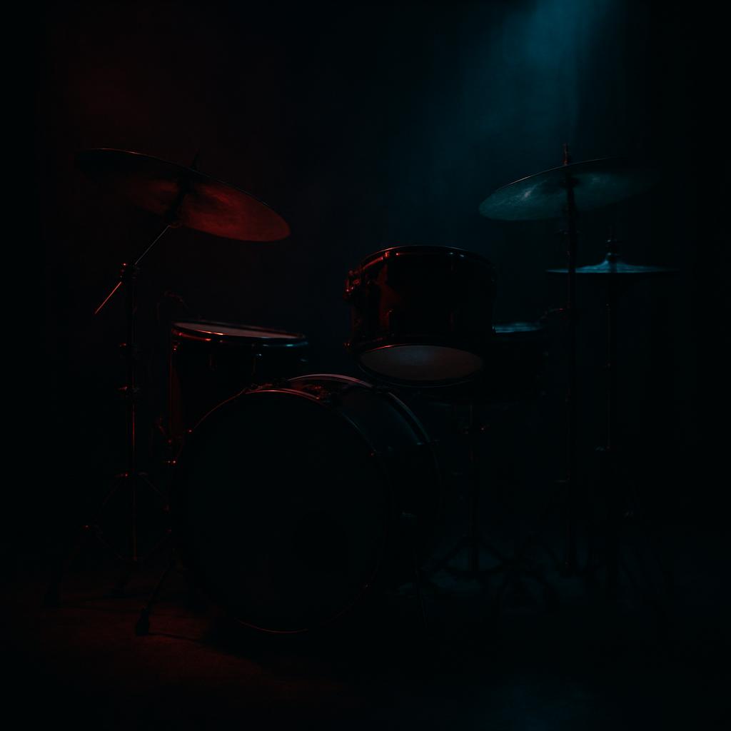 An image of a dark stage with faint, striking red and blue lights highlighting a partial drum set.