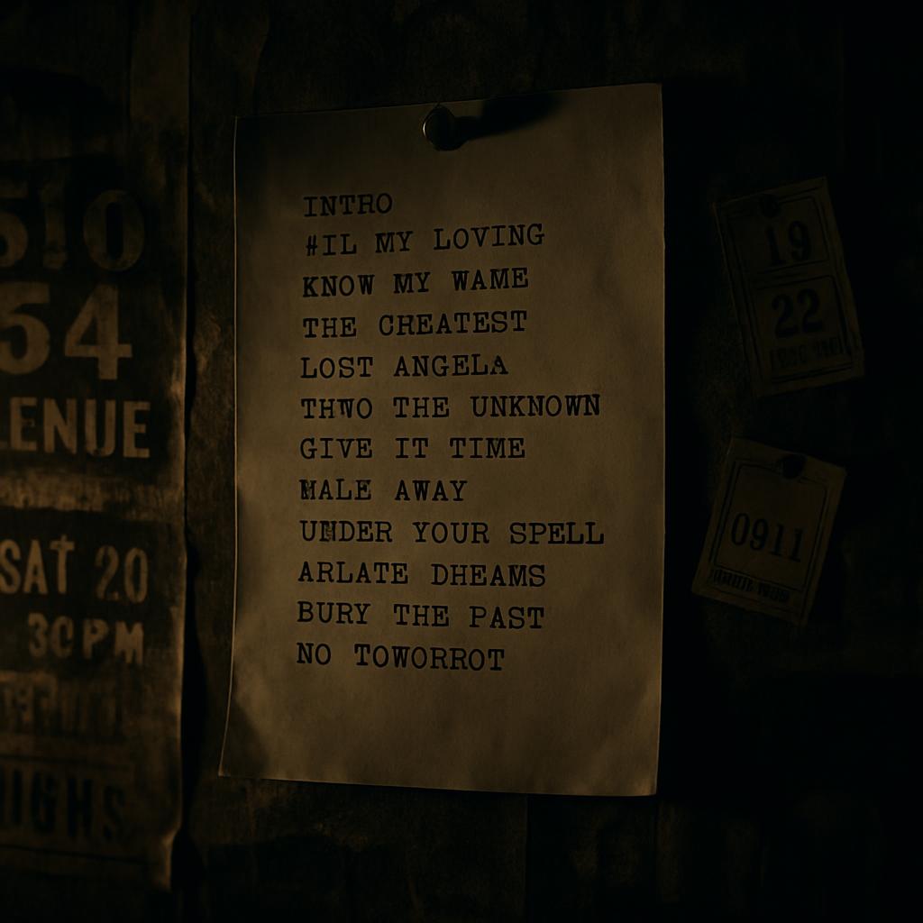The setlist of a band hanging on wall above other mementos like boarding passes and ticket stubs.
