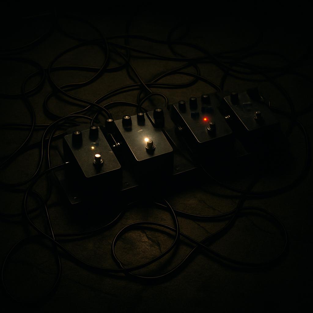 Three guitar pedals on a dark background in the foreground. There are cords in the background and one light shines on the ...