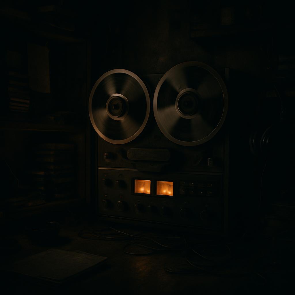 The image is of of reel to reel recorded being used. There is light emanating out of the slots and dim illumination lighti...