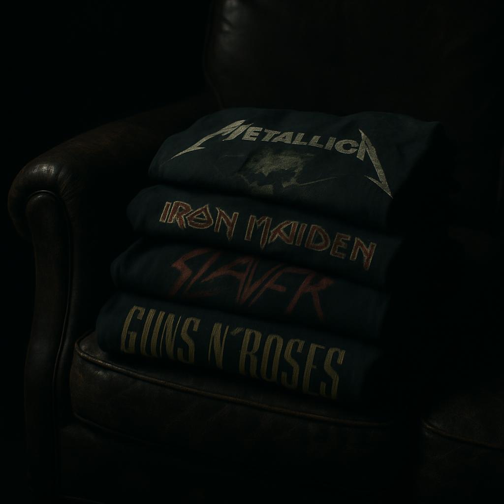 A stack of four heavy metal t-shirts with logos from Metallica, Iron Maiden, Slayer, and Guns N' Roses, resting on a dark ...